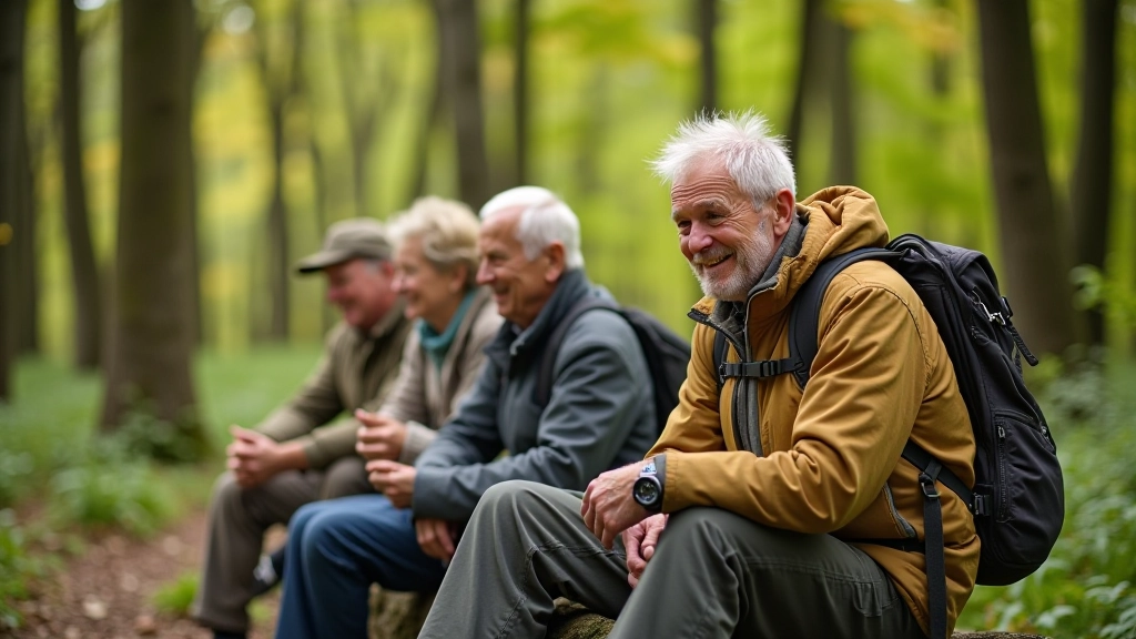 Groep senioren neemt een welverdiende pauze tijdens hun wandeling in het bos