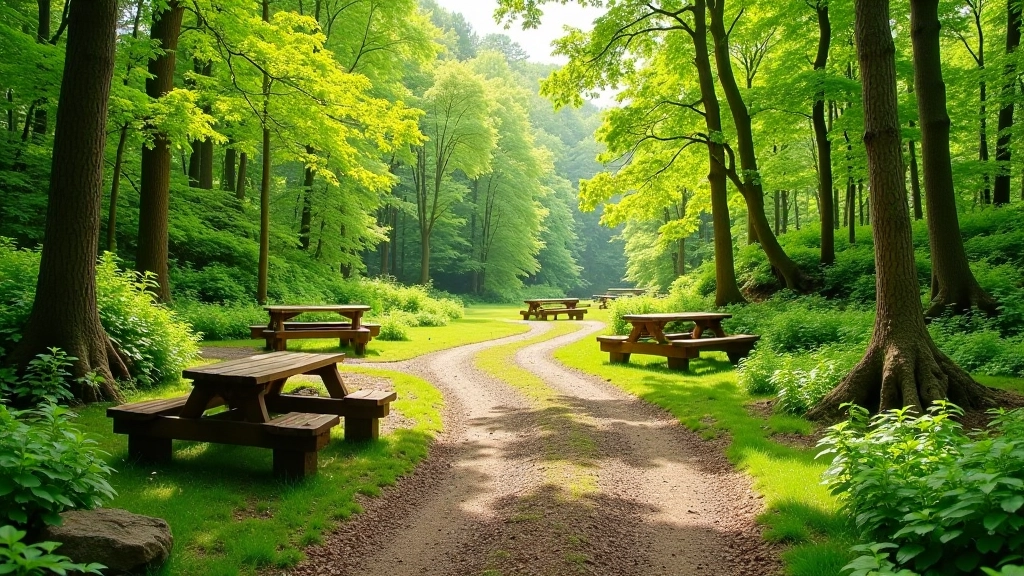 Verschillende rustplekken in het bos: een bankje, een rots, een picknickta fel, en een rustige open plek