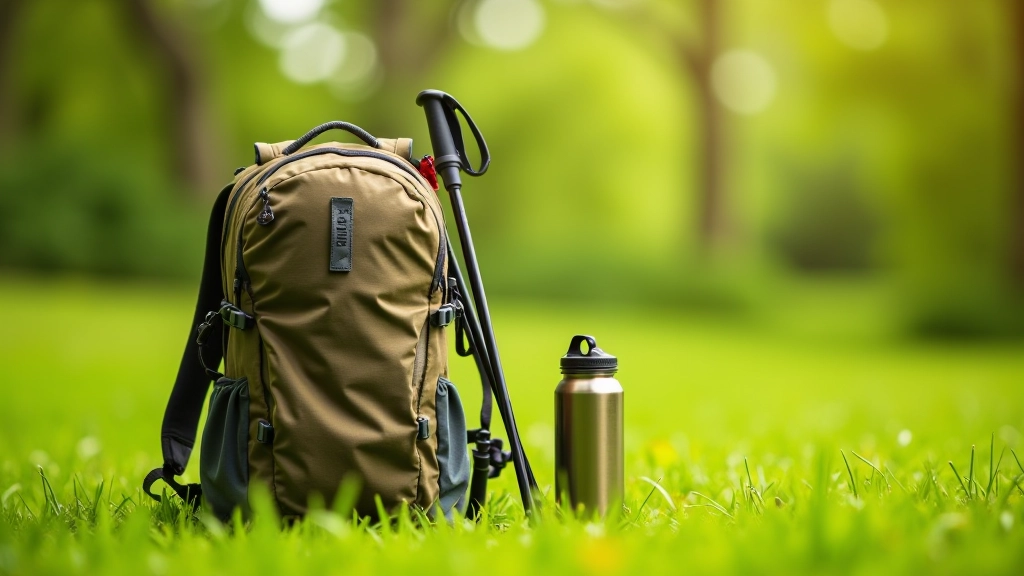 Compacte rugzak en wandelstokken naast fles water op groen gras