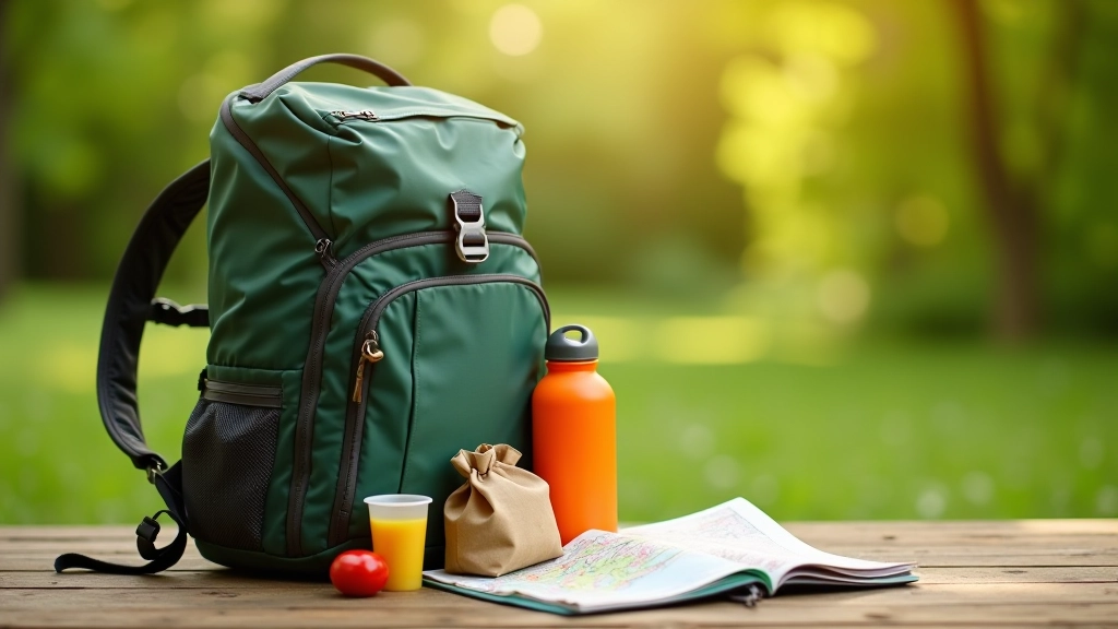 Wandelrugzak opengepakt met fles water, gezonde snacks, zonnecrème en andere essentiële items