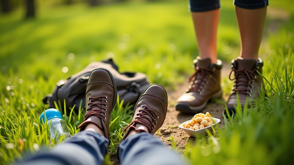 Close-up van wandelschoenen en voeten rustend op groen gras, met waterfles en snack ernaast