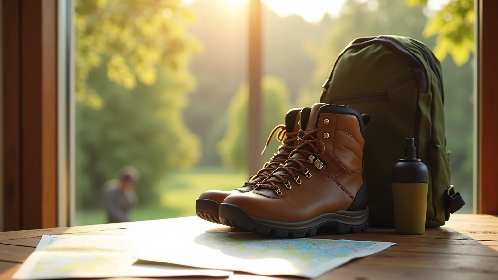 Wandelschoenen en rugzak klaar op houten oppervlak met kaart en fles water