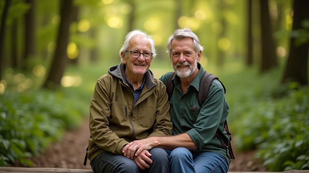 Twee senioren zitten op een houten bankje in het bos, genieten van het uitzicht