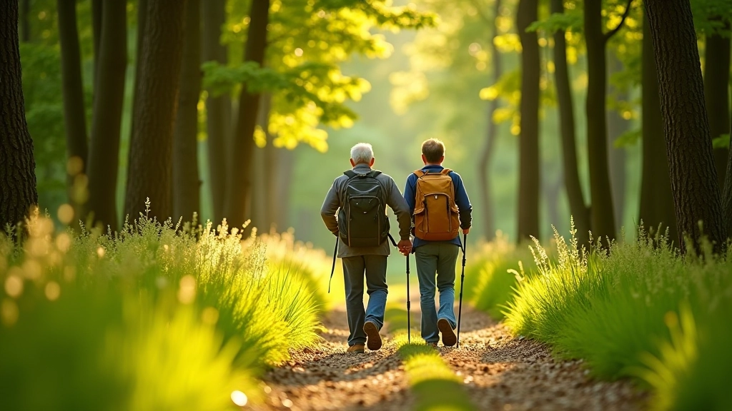 Senioren wandelen op een natuurlijk bospad in de Hoge Venen met uitzicht op de groene heuvels
