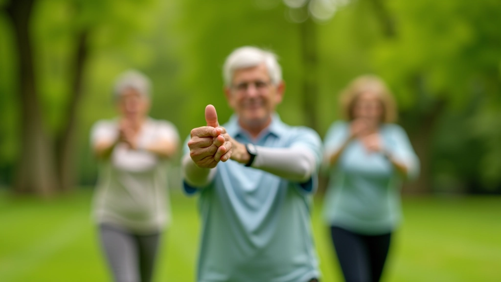 Groep senioren doet stretching oefeningen in park voordat ze gaan wandelen