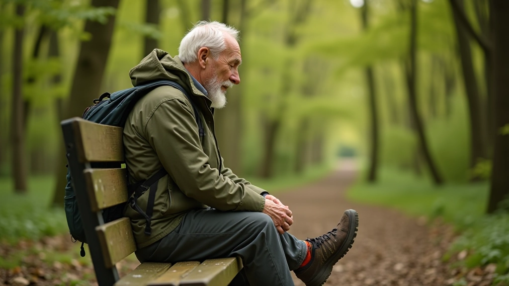 Senior wandelaar masseert voeten na een pauze, zittend op een rustbank met uitzicht op het landschap