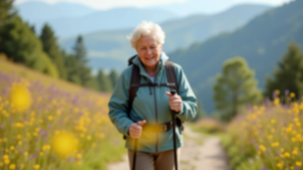 Senior wandelaar met rugzak controleert wandelstok op bergpad