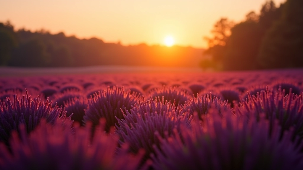 Zonsopgang boven heidelands met paarse tinten en stille bosrand op achtergrond