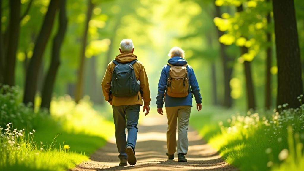 Twee senioren wandelen op zonnig bospad met groene bomen aan beide zijden