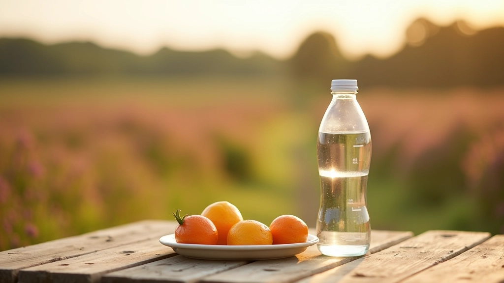 Waterfles en gezonde snacks op een rustplek in het heideveld met uitzicht