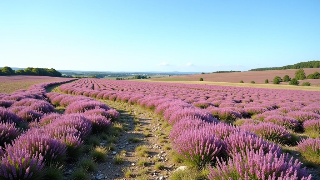 Panoramisch uitzicht over paarse heide velden in de Ardennen met blauwe lucht